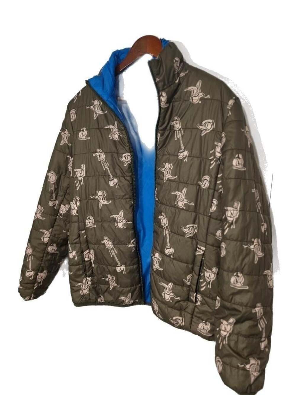 Disney Store DONALD DUCK Jacket REVERSIBLE Puffer Quilted Army Green Blue Medium